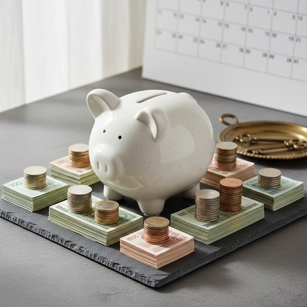 Staged cash piles and coins, with a piggy bank, on gray tiles.