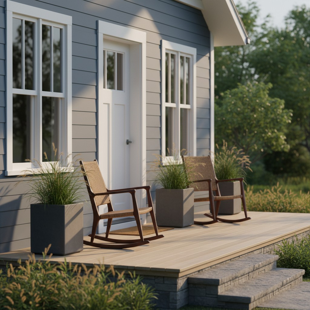 Two chairs sitting on a porch with potted grass.