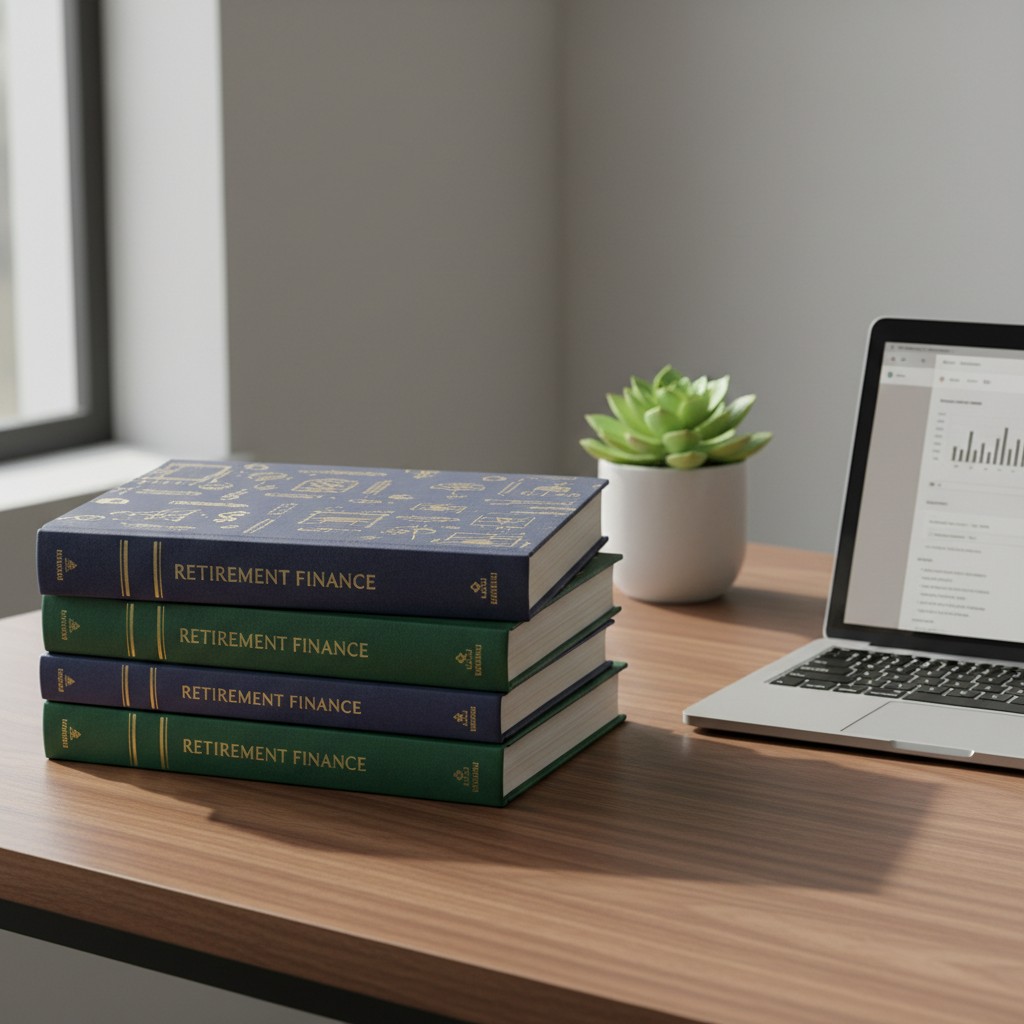 A stack of books labeled with gold font titled "RETIREMENT FINANCE" - with various objects ever so minimally detailed on t...