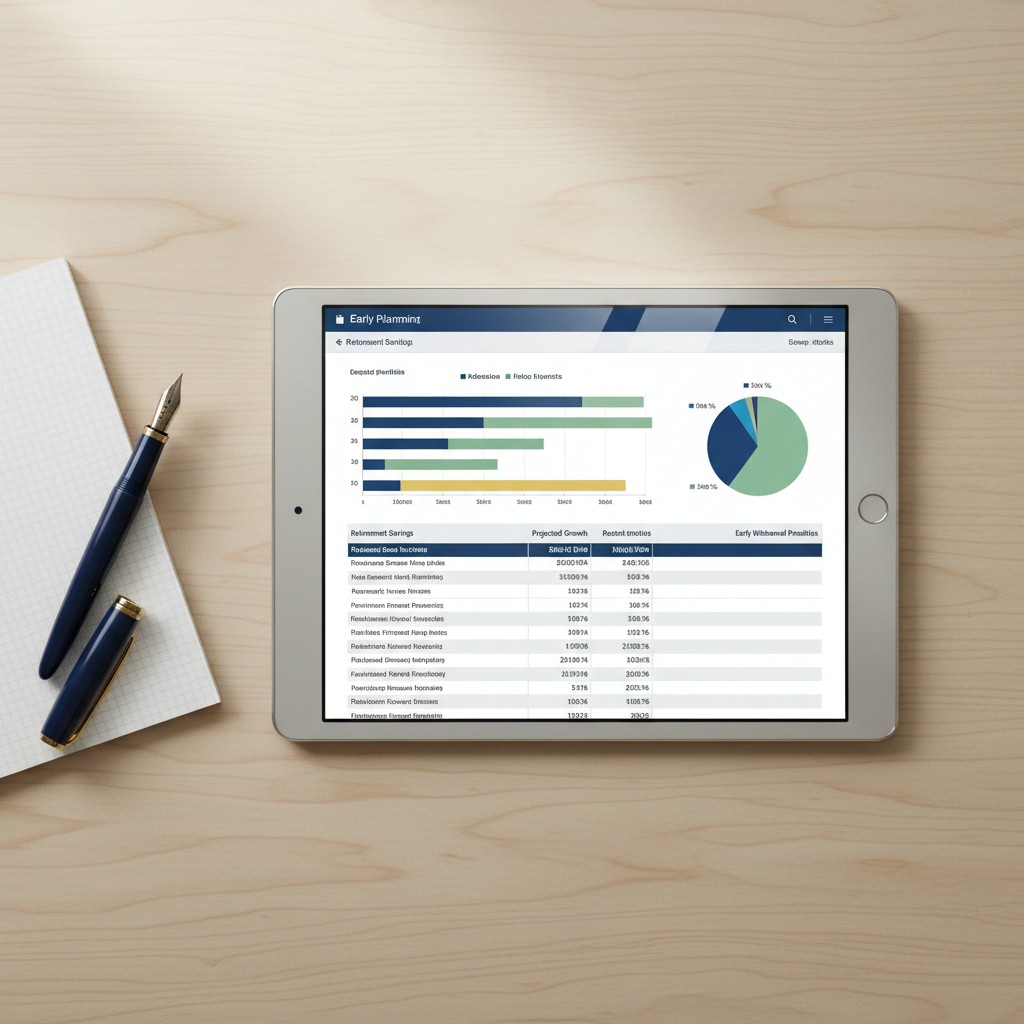 A tablet displaying retirement planning data, accompanied by a fountain pen and a notebook, sits on a light-colored wooden...