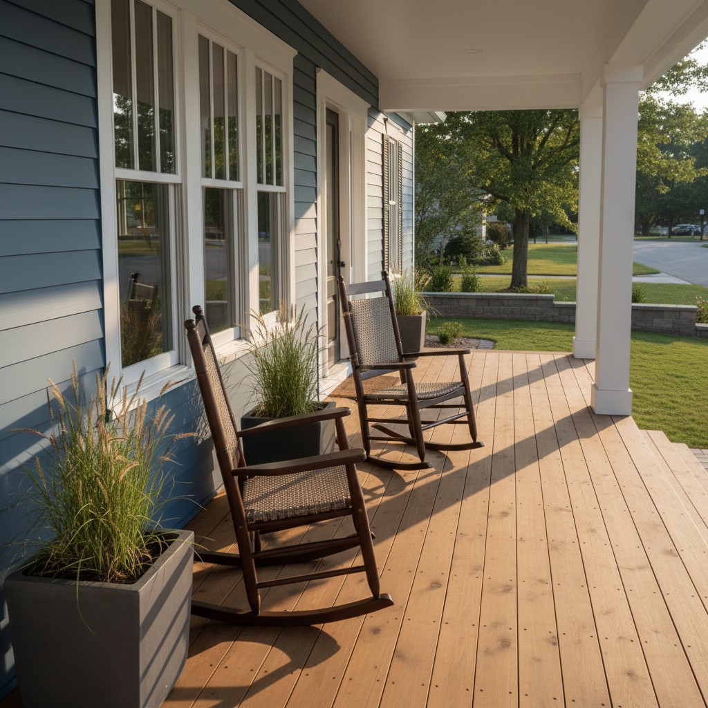 A serene porch with two dark wooden rocking chairs, surrounded by green plants and elevated by a medium brown wooden deck,...