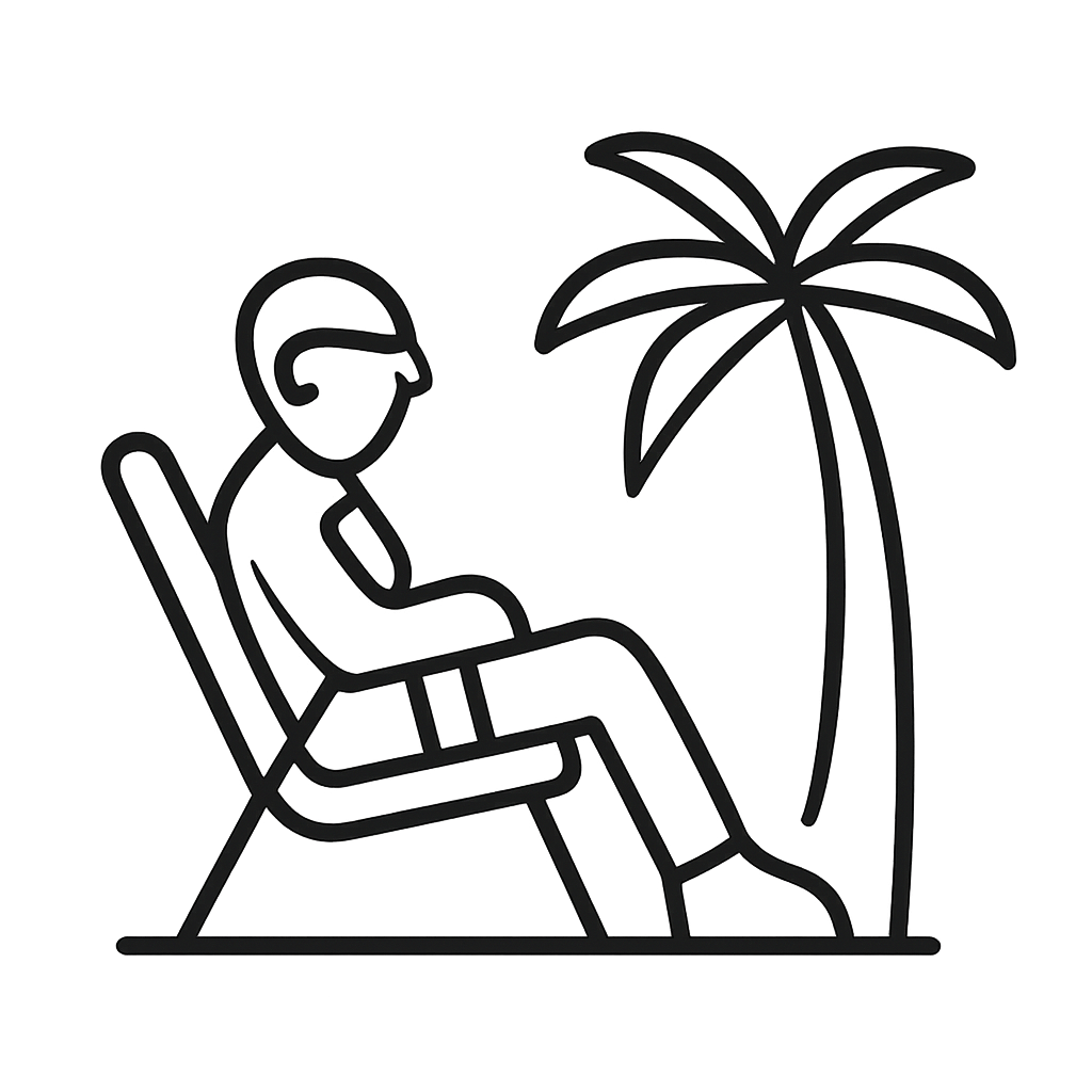 Illustration of one person relaxing on a beach in a hammock, under palm tree.